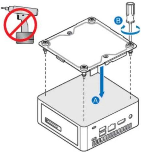 Diagram showing a device with labeled components A and B, including a prohibition symbol and directional arrows indicating rotation or movement.