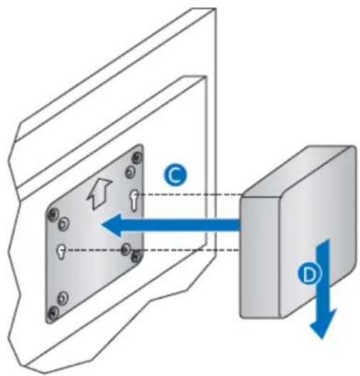 Technical diagram showing a mechanical assembly with labeled components C and D, including directional arrows and bolted features.