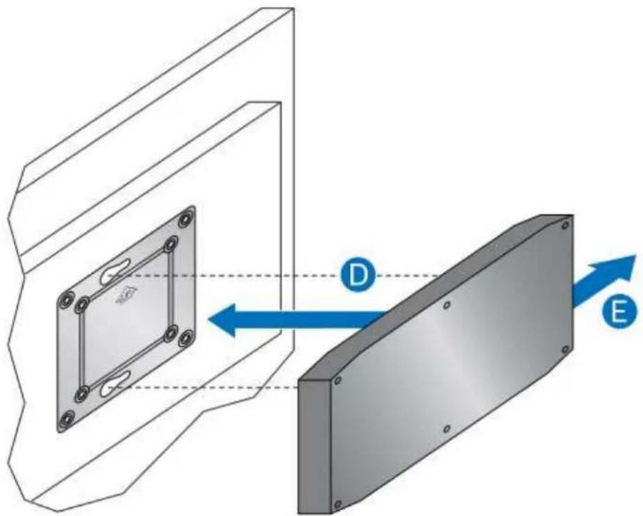 Technical diagram showing a mechanical assembly with labeled components D and E, and a component with circular features inside a housing.