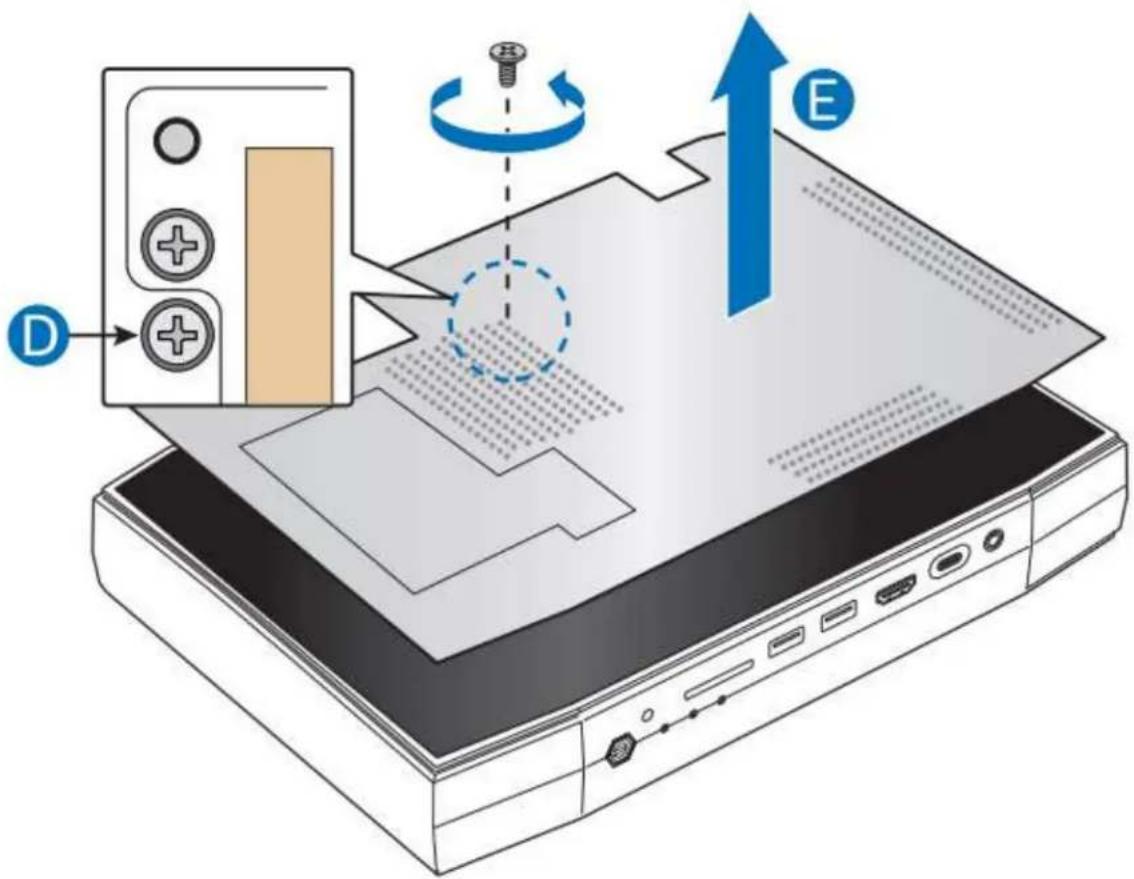 Diagram illustrating a device's internal components with labeled parts D and E, showing a screw, rotation, and circuitry.