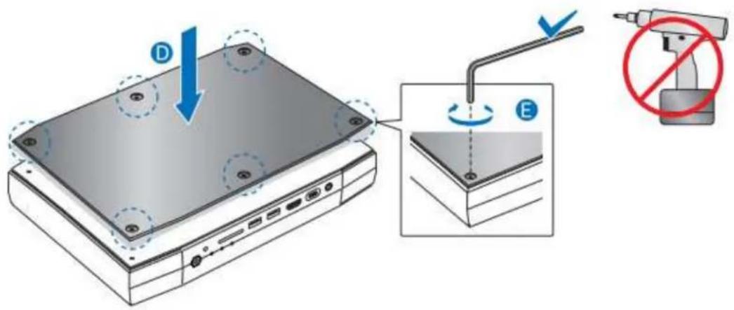 Diagram illustrating a device with labeled components and a prohibition symbol, showing a base panel with arrows indicating force or movement.