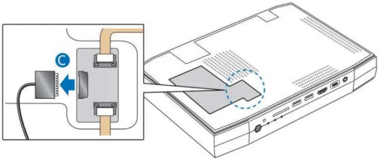 Diagram showing connection between a device with an attached cable and a CD, alongside its internal structure with a magnified view.