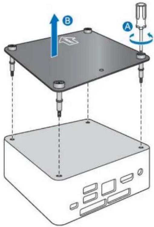 Diagram showing a device with labeled components A and B, indicating a mechanical or electrical setup with arrows and a blue directional arrow.