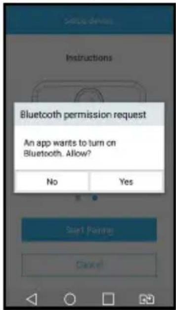 Bluetooth permission request An app wants to turn on Bluetooth. Allow? No Yes Start Parning Cancel