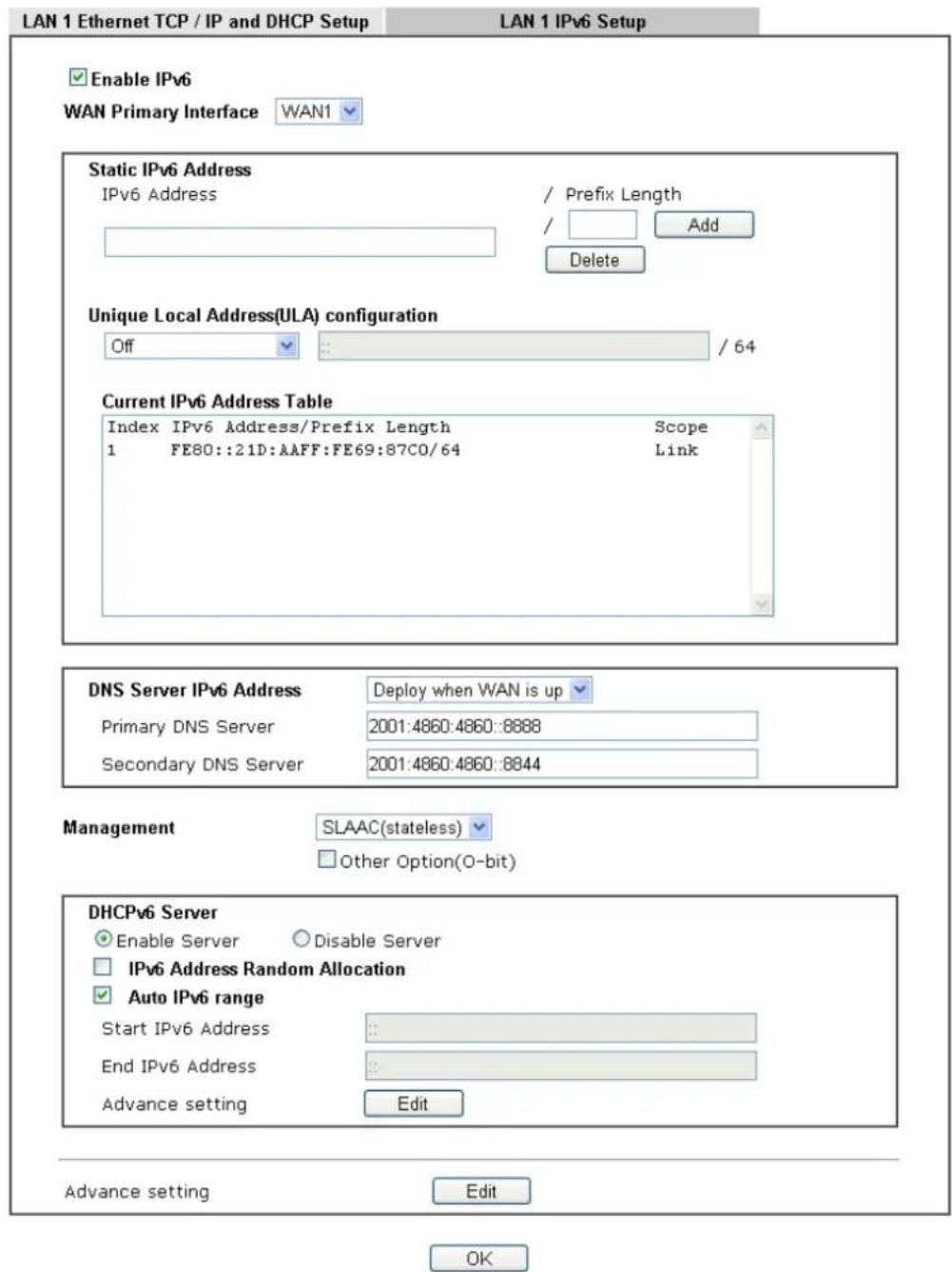 Draytek Vigor 2926 - II-2-1-4 Details Page for LAN IPv6 Setup - 1