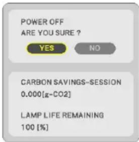POWER OFF ARE YOU SURE ? YES NO CARBON SAVINGS-SESSION 0.000[g-CO2] LAMP LIFE REMAINING 100 [%]