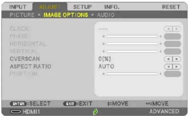 INPUT ADJUST SETUP INFO. RESET PICTURE • IMAGE OPTIONS • AUDIO CLOCK PHASE HORIZONTAL VERTICAL OVERSCAN ASPECT RATIO POSITION 0[%] AUTO ENTER: SELECT EXIT: EXIT ↔:MOVE ↔:MOVE HDMI1 ADVANCED