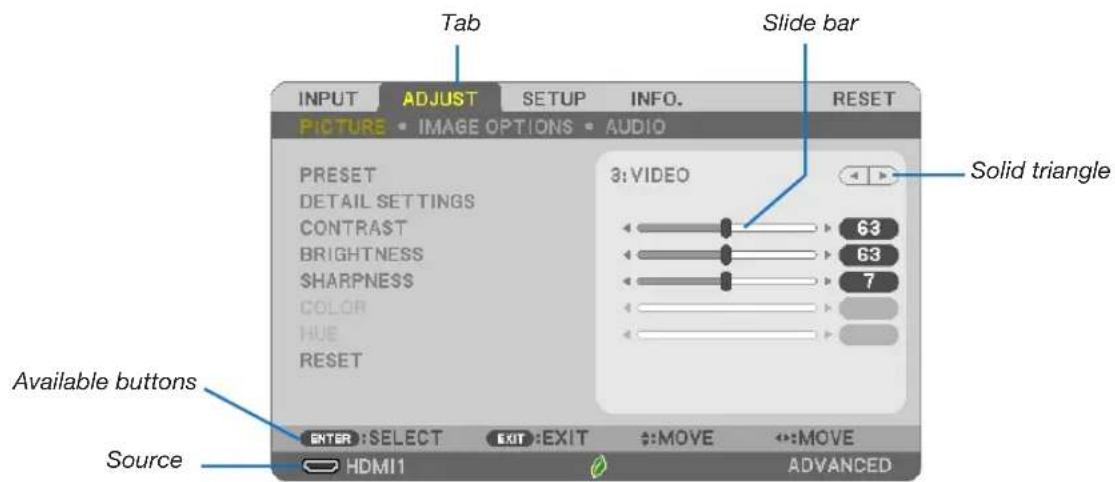 Tab Slide bar INPUT ADJUST SETUP INFO. RESET PICTURE • IMAGE OPTIONS • AUDIO PRESET DETAIL SETTINGS CONTRAST BRIGHTNESS SHARPNESS COLOR HUE RESET 3:VIDEO Solid triangle Available buttons Source ENTER :SELECT EXIT :EXIT :MOVE :MOVE HDMI1 ADVANCED