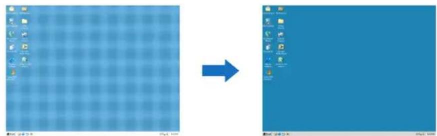 Screenshot showing a desktop computer setup with icons and a blue arrow indicating transformation from left to right.