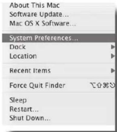 About This Mac Software Update... Mac OS X Software... System Preferences... Dock Location Recent Items Force Quit Finder Sleep Restart... Shut Down...