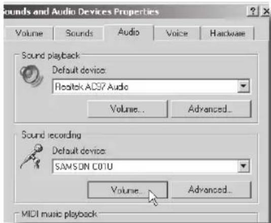 Sounds and Audio Devices Properties Volume Sounds Audio Voice Hardware Sound playback Default device: Realtek AOS7 Audio Volume... Advanced... Sound recording Default device: SAMSON COTU Volume... Advanced... MIDI music playback