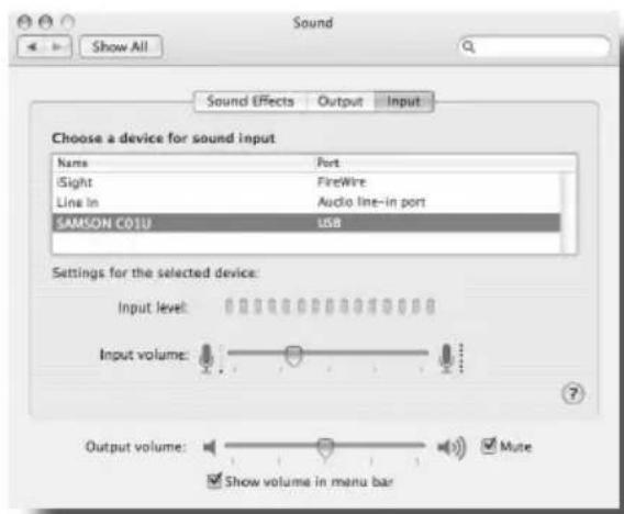 Sound Show All Sound EFFECTS Output.Input Choose a device for sound input Name Port iSight FireWire Line In Audio line-in port SAMSON CO1U USB Settings for the selected device: Input level: Input volume: Output volume: Mute Show volume in menu bar