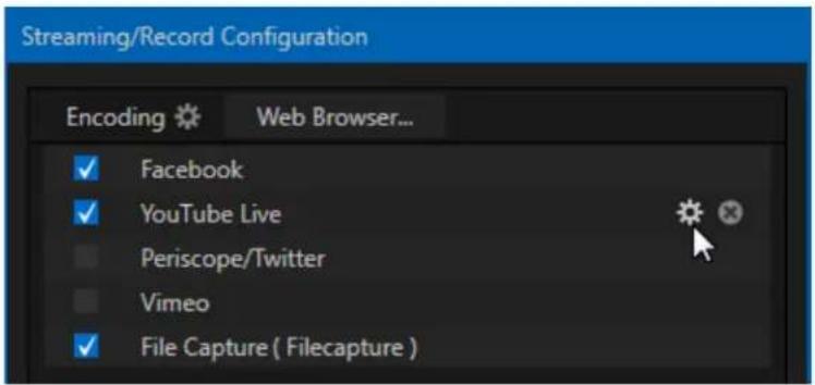 Streaming/Record Configuration Encoding Web Browser... ✓ Facebook ✓ YouTube Live Periscope/Twitter Vimeo ✓ File Capture ( Filecapture )