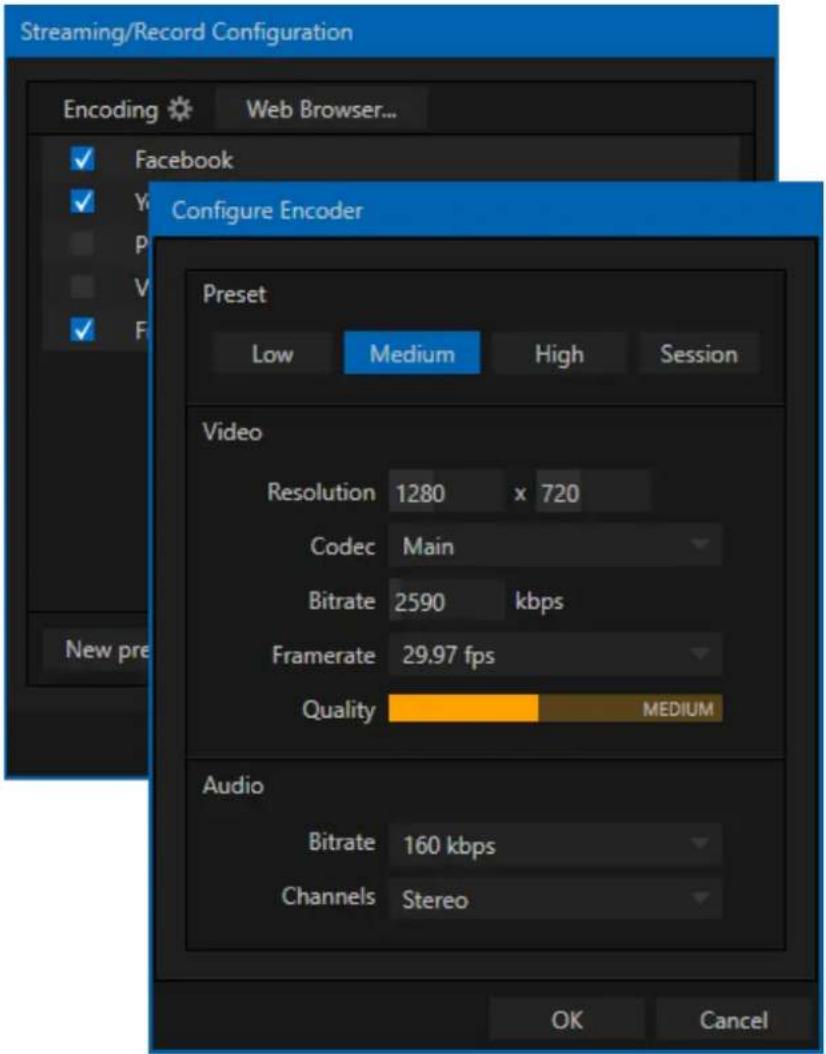 Streaming/Record Configuration Encoding Web Browser... ✓ Facebook ✓ Y P V ✓ F Configure Encoder Preset Low Medium High Session Video Resolution 1280 x 720 Codec Main Bitrate 2590 kbps Framerate 29.97 fps Quality MEDIUM Audio Bitrate 160 kbps Channels Stereo OK Cancel