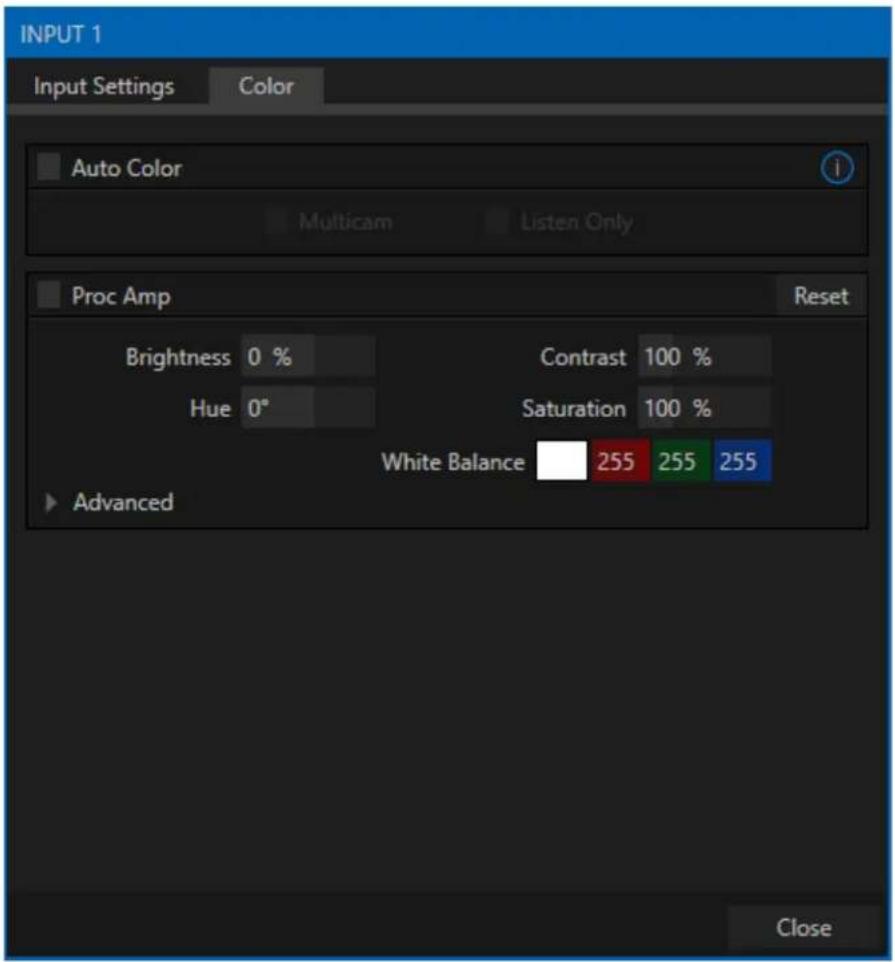 INPUT 1 Input Settings Color Auto Color Multicam Listen Only Proc Amp Reset Brightness 0 % Contrast 100 % Hue 0° Saturation 100 % White Balance 255 255 255 Advanced Close