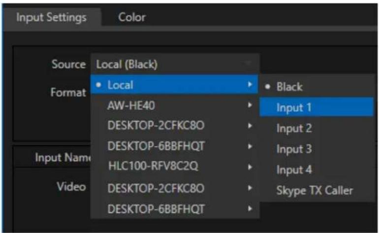 Input Settings Color Source Local (Black) Format Local AW-HE40 DESKTOP-2CFKC8O DESKTOP-6BBFHQT HLC100-RFV8C2Q DESKTOP-2CFKC8O DESKTOP-6BBFHQT Black Input 1 Input 2 Input 3 Input 4 Skype TX Caller Input Name Video