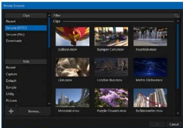 Media Browser Clips Recent Sample (NTSC) Sample (PAL) Downloads Soils Recent Capture Default Sample Utility Pictures + Browse... Filter Clips Balloon.mov Bumper Cars.mov Fountain.mov Lion.mov London Bus.mov Metro Globe.mov Monorail.mov Purple Flowers.mov Rollercoaster.mov Cancel