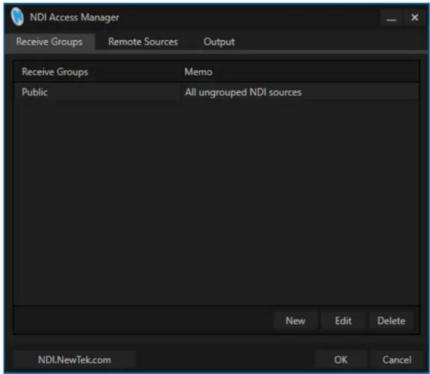 NDI Access Manager Receive Groups Remote Sources Output Receive Groups Memo Public All ungrouped NDI sources New Edit Delete NDI.NewTek.com OK Cancel