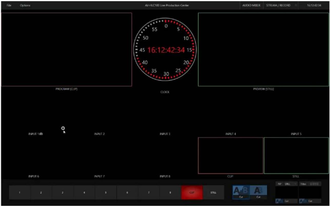 File Options AV-HLC100 Live Production Center AUDIO MIXER STREAM / RECORD 16:12:42:34 PROGRAM [CUP] CLOCK PREVIEW (STILL) INPUT 1 INPUT 2 INPUT 3 INPUT 4 INPUT 5 INPUT 6 INPUT 7 INPUT 8 CUP STILL 1 2 3 4 5 6 7 8 CUP STILL A B A Cut Cut PIP STILL Titles
