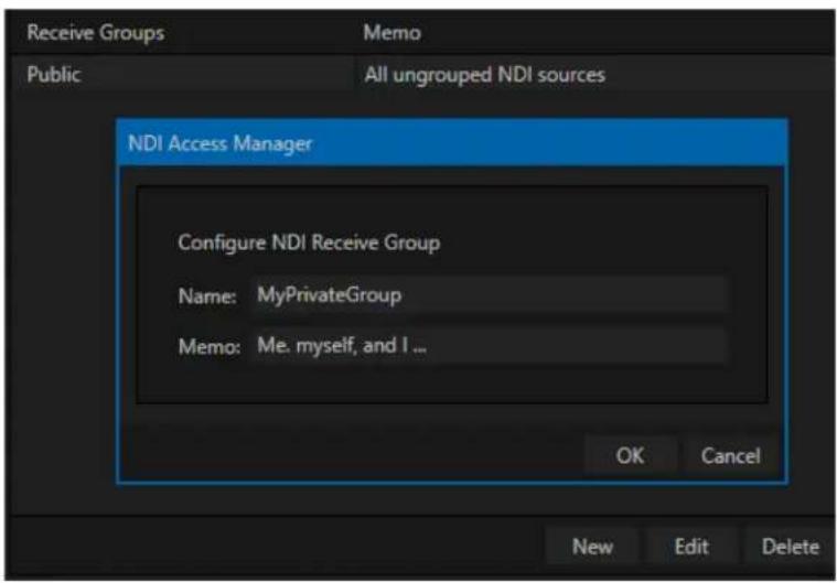 Receive Groups Memo Public All ungrouped NDI sources NDI Access Manager Configure NDI Receive Group Name: MyPrivateGroup Memo: Me. myself, and I ... OK Cancel New Edit Delete