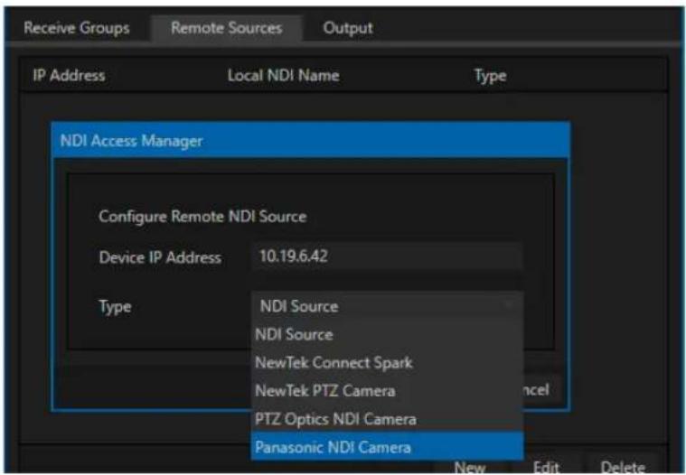 Receive Groups Remote Sources Output IP Address Local NDI Name Type NDI Access Manager Configure Remote NDI Source Device IP Address 10.19.6.42 Type NDI Source NDI Source NewTek Connect Spark NewTek PTZ Camera PTZ Optics NDI Camera Panasonic NDI Camera New Edit Delete