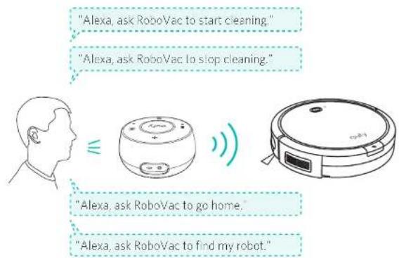 "Alexa, ask RoboVac to start cleaning." "Alexa, ask RoboVac to stop cleaning." "Alexa, ask RoboVac to go home." "Alexa, ask RoboVac to find my robot."