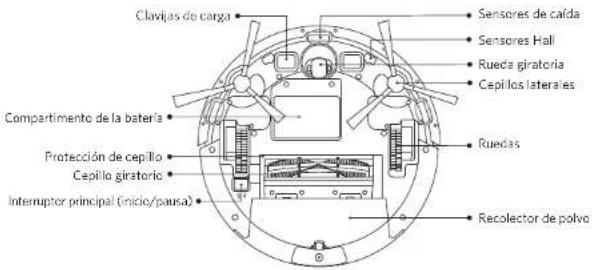 Clavijas de carga Sensores de caída Sensores Hall Rueda giratoria Cepillos laterales Compartimento de la batería Ruedas Protección de cepillo Cepillo giratorio Interruptor principal (inicio/pausa) Recolector de polvo