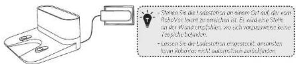 - Stehen Sie die lodestrogen an einem Ort auf, der vom RobotVoc leicht zu erreichen ist. Es wird eine Stelle an der Wand empfohlen, wo sich verzugswass keine Tropiche befinden. - Lessten Sie die lodestrogen eingestreckt, anderssten kann RobotVoc nicht automatisen zurücklinden.