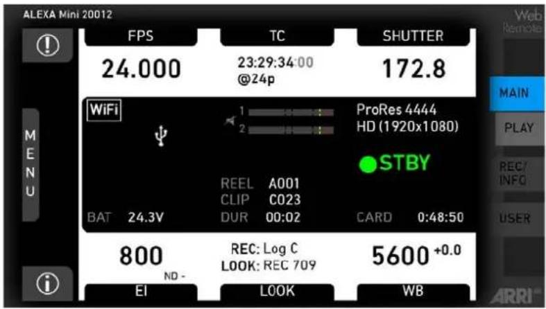 ALEXA Mini 20012 FPS TC SHUTTER 24.000 23:29:34:00 172.8 @24p WiFi ProRes 4444 HD (1920x1080) STBY REEL A001 CLIP C023 BAT 24.3V DUR 00:02 CARD 0:48:50 800 REC: Log C 5600 +0.0 ND- LOOK: REC 709 EI LOOK WB MAIN PLAY REC/ INFO USER i ARRI