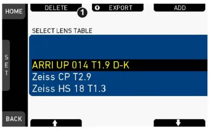 HOME DELETE 1 EXPORT ADD SELECT LENS TABLE ARRI UP 014 T1.9 D-K Zeiss CP T2.9 Zeiss HS 18 T1.3 BACK