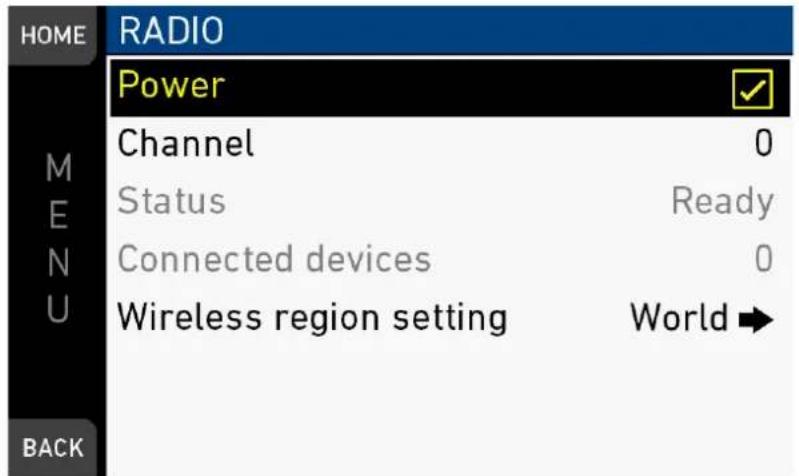 HOME RADIO Power Channel 0 Status Ready Connected devices 0 Wireless region setting World → MENU BACK