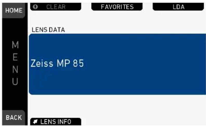 HOME CLEAR FAVORITES LDA LENS DATA ZEISS MP 85 MENU BACK LENS INFO
