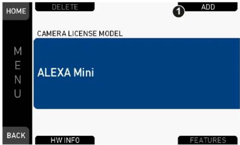 HOME DELETE 1 ADD CAMERA LICENSE MODEL ALEXA Mini MENU BACK HW INFO FEATURES