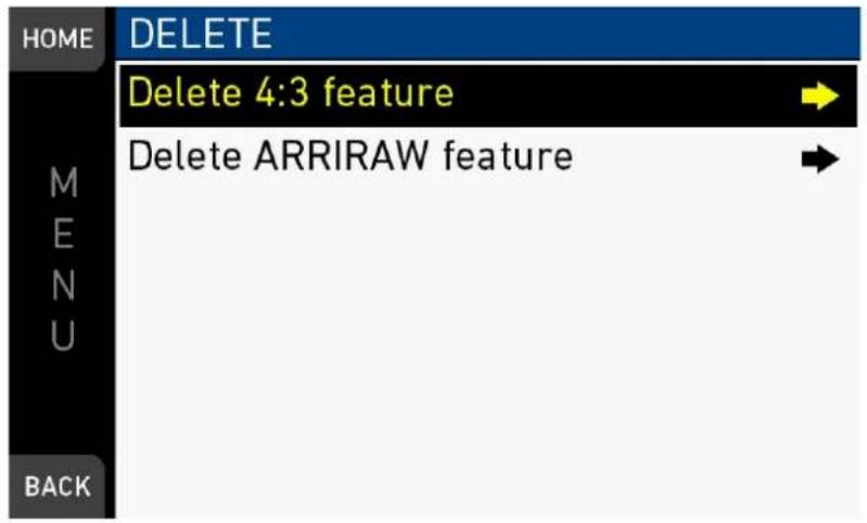 HOME DELETE Delete 4:3 feature Delete ARRIRAW feature MENU BACK