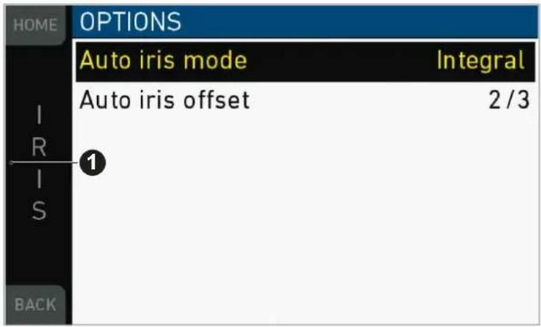 HOME OPTIONS Auto iris mode Integral I R I S 1 BACK