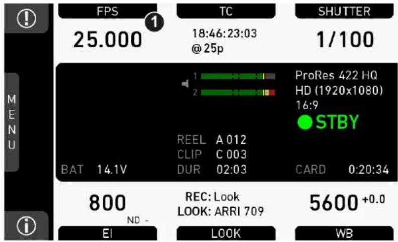 FPS 25.000 TC 18:46:23:03 @25p SHUTTER 1/100 PRORes 422 HQ HD (1920x1080) 16:9 STBY REEL A 012 CLIP C 003 BAT 14.1V DUR 02:03 CARD 0:20:34 800 ND - REC: Look LOOK: ARRI 709 5600 +0.0 EI LOOK WB
