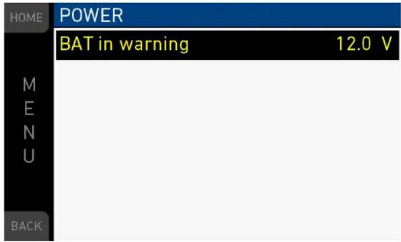 HOME POWER BAT in warning 12.0 V M E N U BACK