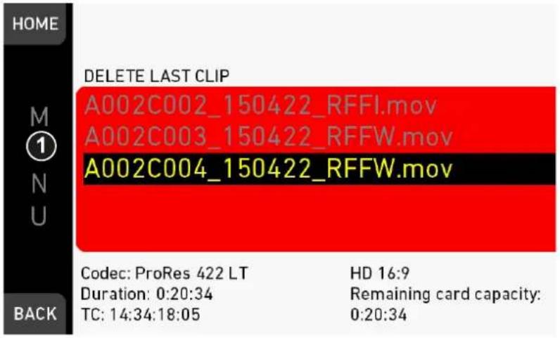 HOME DELETE LAST CLIP A002C002_150422_RFFI.mov A002C003_150422_RFFW.mov A002C004_150422_RFFW.mov Codec: ProRes 422 LT HD 16:9 Duration: 0:20:34 Remaining card capacity: TC: 14:34:18:05 0:20:34