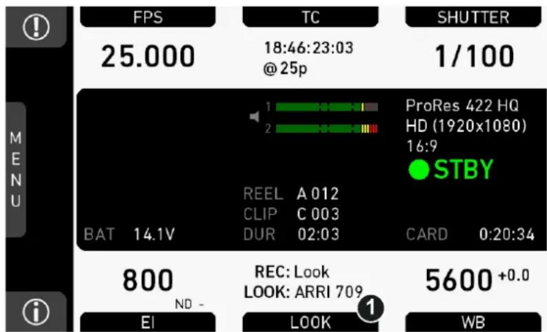FPS 25.000 TC 18:46:23:03 @ 25p SHUTTER 1/100 PRORes 422 HQ HD (1920x1080) 16:9 STBY BAT 14.1V REEL A 012 CLIP C 003 DUR 02:03 CARD 0:20:34 800 ND - REC: Look LOOK: ARRI 709 5600 +0.0 EI LOOK WB