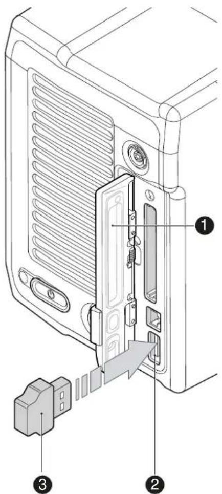 Technical diagram of a device rear panel with labeled components including ports, connectors, and a connector pin.