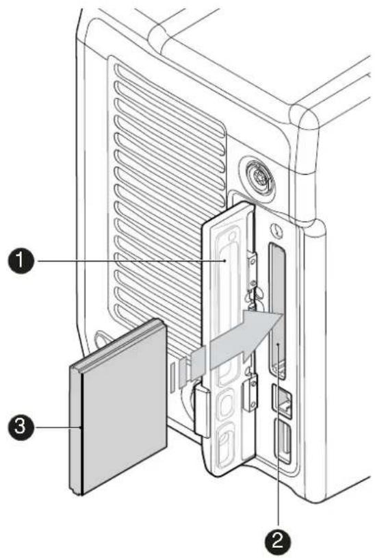 Technical diagram of a device rear panel with labeled components including ventilation slots, door, and storage areas.