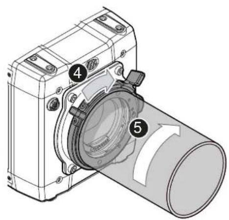 Technical diagram of a camera module with numbered components and directional arrows indicating motion or flow.