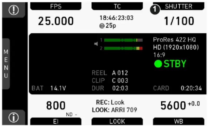 FPS 25.000 TC 18:46:23:03 @ 25p SHUTTER 1/100 PRORes 422 HQ HD (1920x1080) 16:9 STBY REEL A 012 CLIP C 003 BAT 14.1V DUR 02:03 CARD 0:20:34 800 ND - REC: Look LOOK: ARRI 709 5600 +0.0 EI LOOK WB