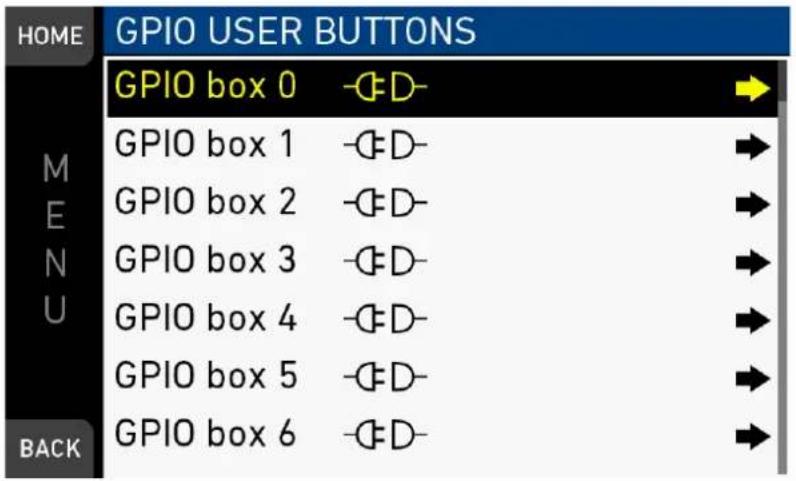 HOME GPIO USER BUTTONS GPIO box 0 -CD- M GPIO box 1 -CD- E GPIO box 2 -CD- N GPIO box 3 -CD- U GPIO box 4 -CD- G GPIO box 5 -CD- G GPIO box 6 -CD- BACK