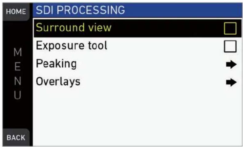 HOME SDI PROCESSING Surround view M E N U Exposure tool Peaking Overlays BACK