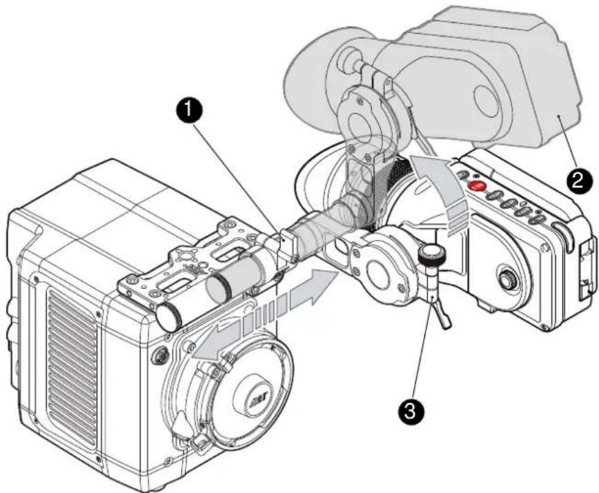 Technical diagram of a mechanical assembly with numbered components, likely illustrating a motion or assembly process.