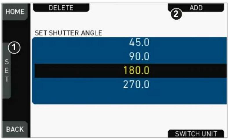 HOME DELETE ADD ① SET SHUTTER ANGLE 45.0 90.0 180.0 270.0 BACK SWITCH UNIT