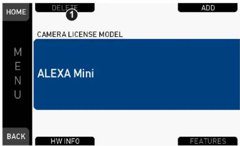 HOME DELETE 1 CAMERA LICENSE MODEL ALEXA Mini ADD MENU BACK HW INFO FEATURES