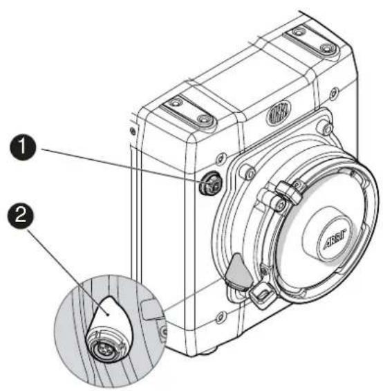Technical diagram of a camera module with labeled parts and an inset detail view showing internal components.
