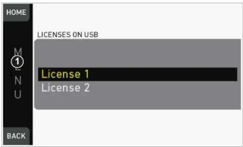 HOME LICENSES ON USB License 1 License 2 M N U BACK